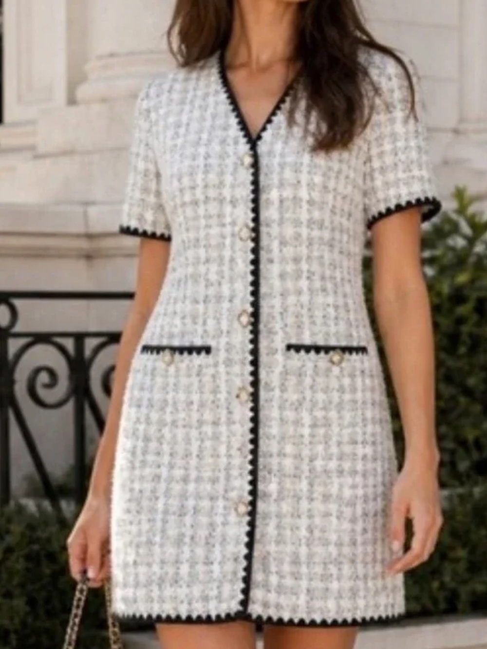 Tuckernuck  Pomander Place Josephine Tweed Shift Dress with Black Trim - White
